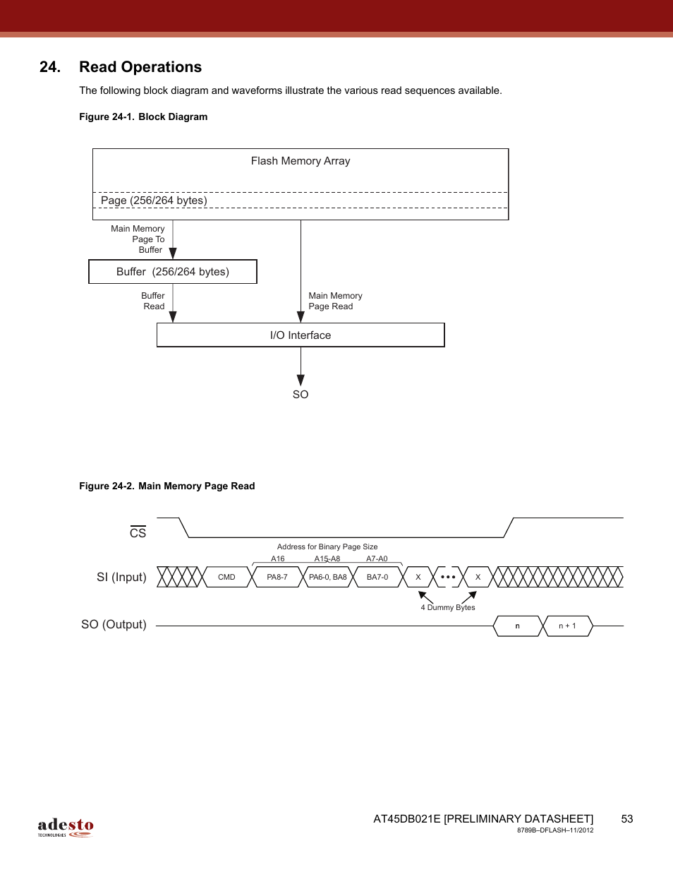 Read operations, Cs si (input) so (output) | Rainbow Electronics AT45DB021E User Manual | Page 53 / 69