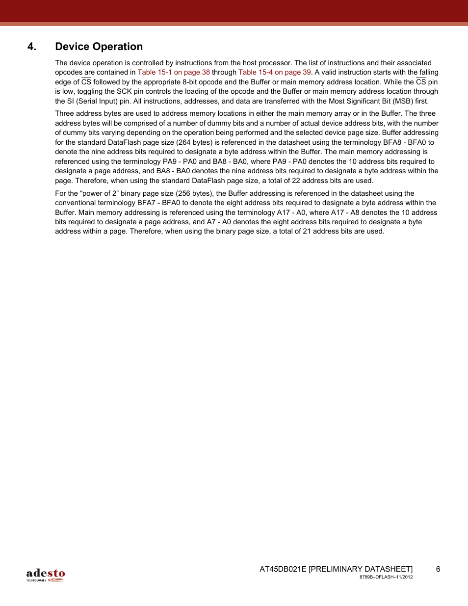 Device operation | Rainbow Electronics AT45DB021E User Manual | Page 6 / 69