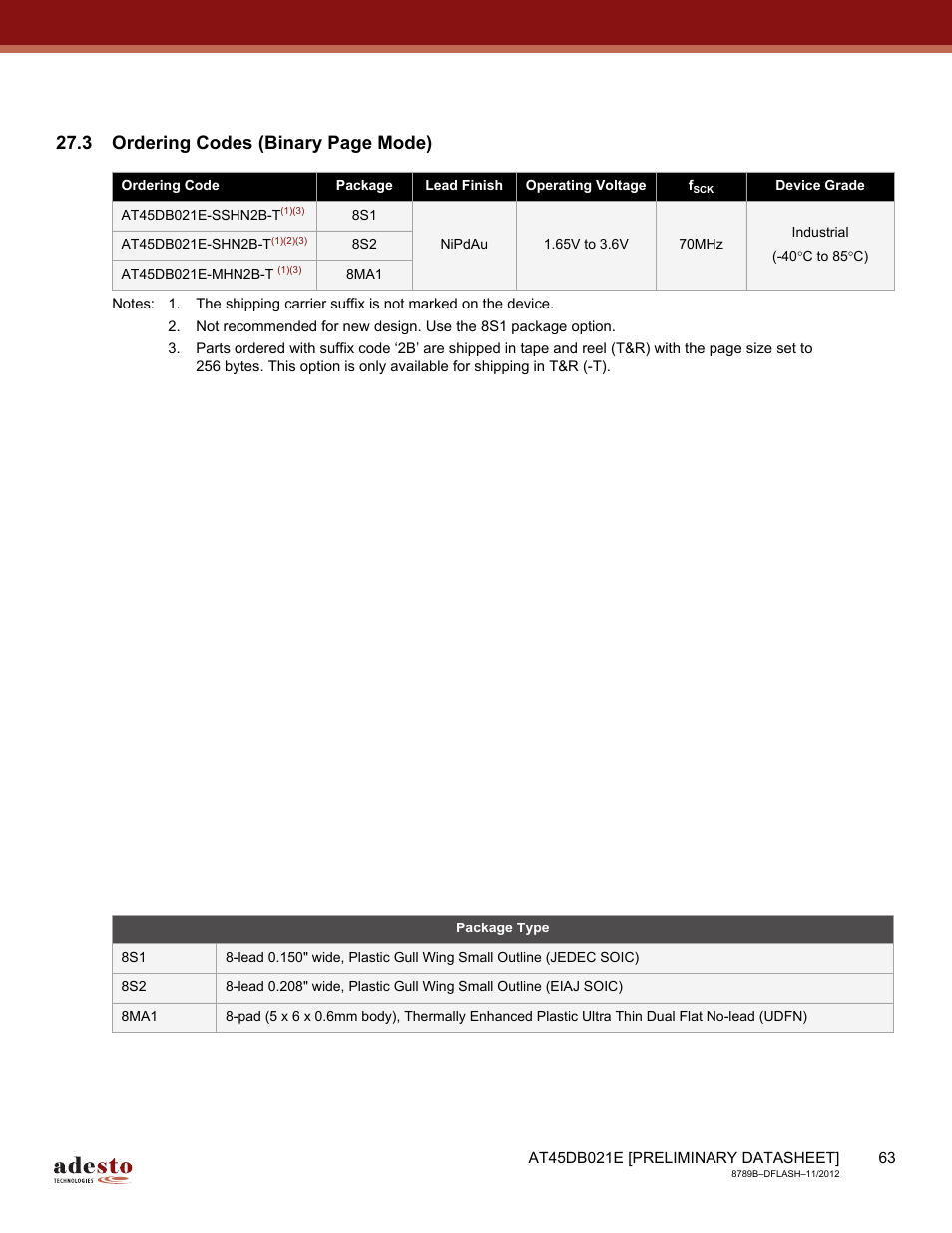 3 ordering codes (binary page mode) | Rainbow Electronics AT45DB021E User Manual | Page 63 / 69