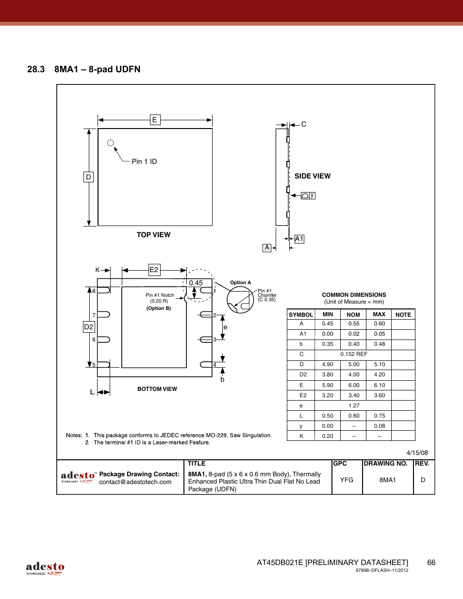 3 8ma1 – 8-pad udfn | Rainbow Electronics AT45DB021E User Manual | Page 66 / 69