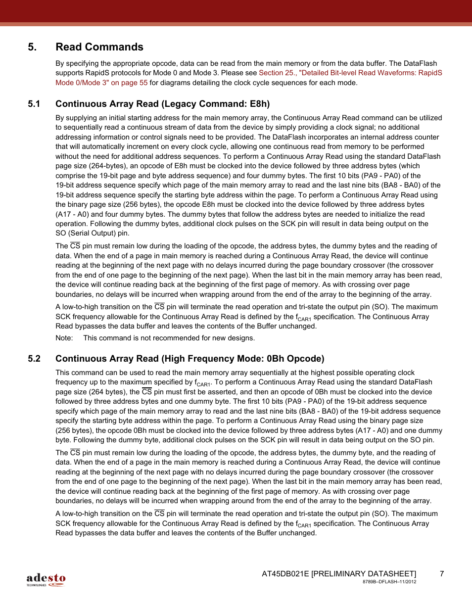 Read commands, 1 continuous array read (legacy command: e8h) | Rainbow Electronics AT45DB021E User Manual | Page 7 / 69