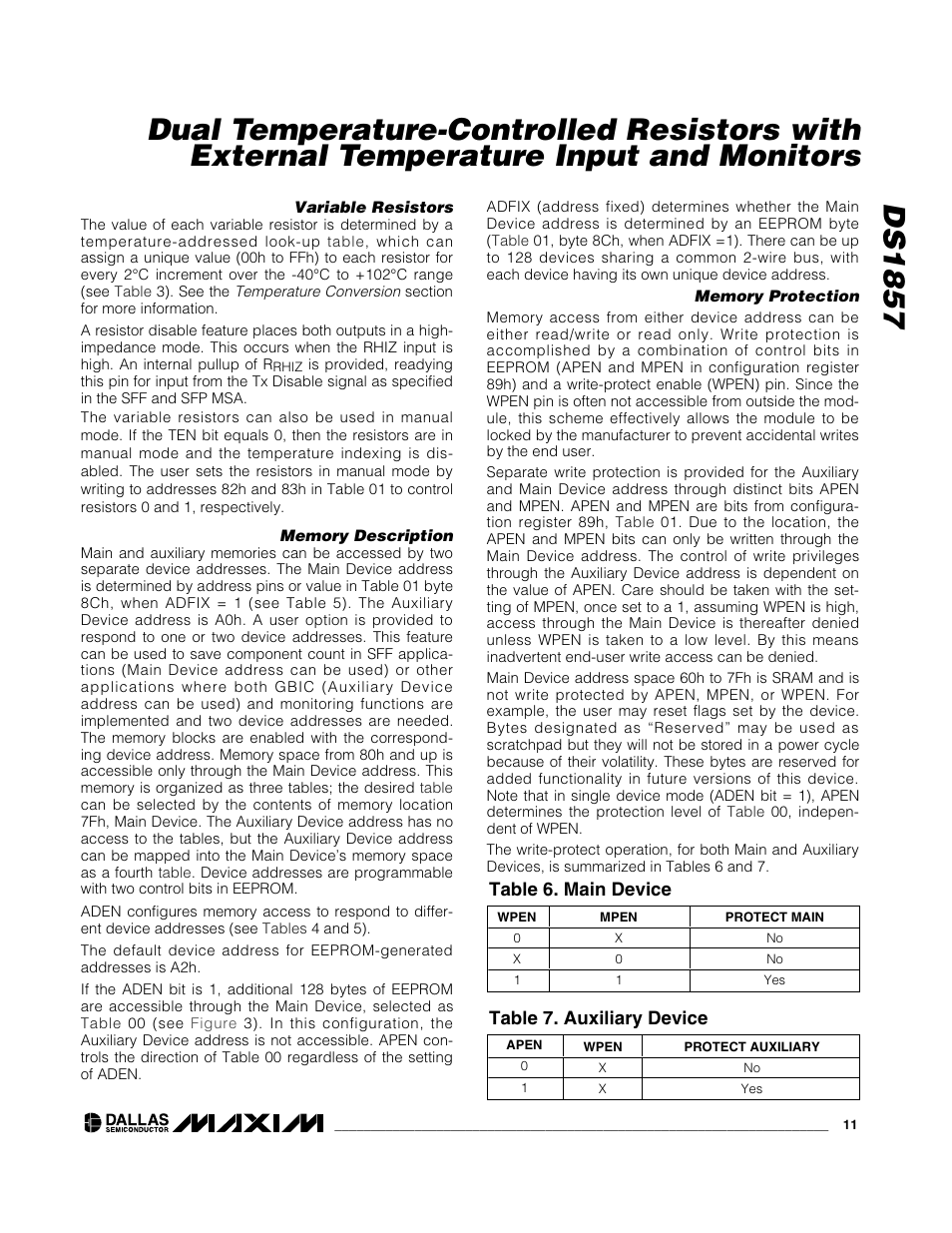 Table 6. main device, Table 7. auxiliary device | Rainbow Electronics DS1857 User Manual | Page 11 / 22