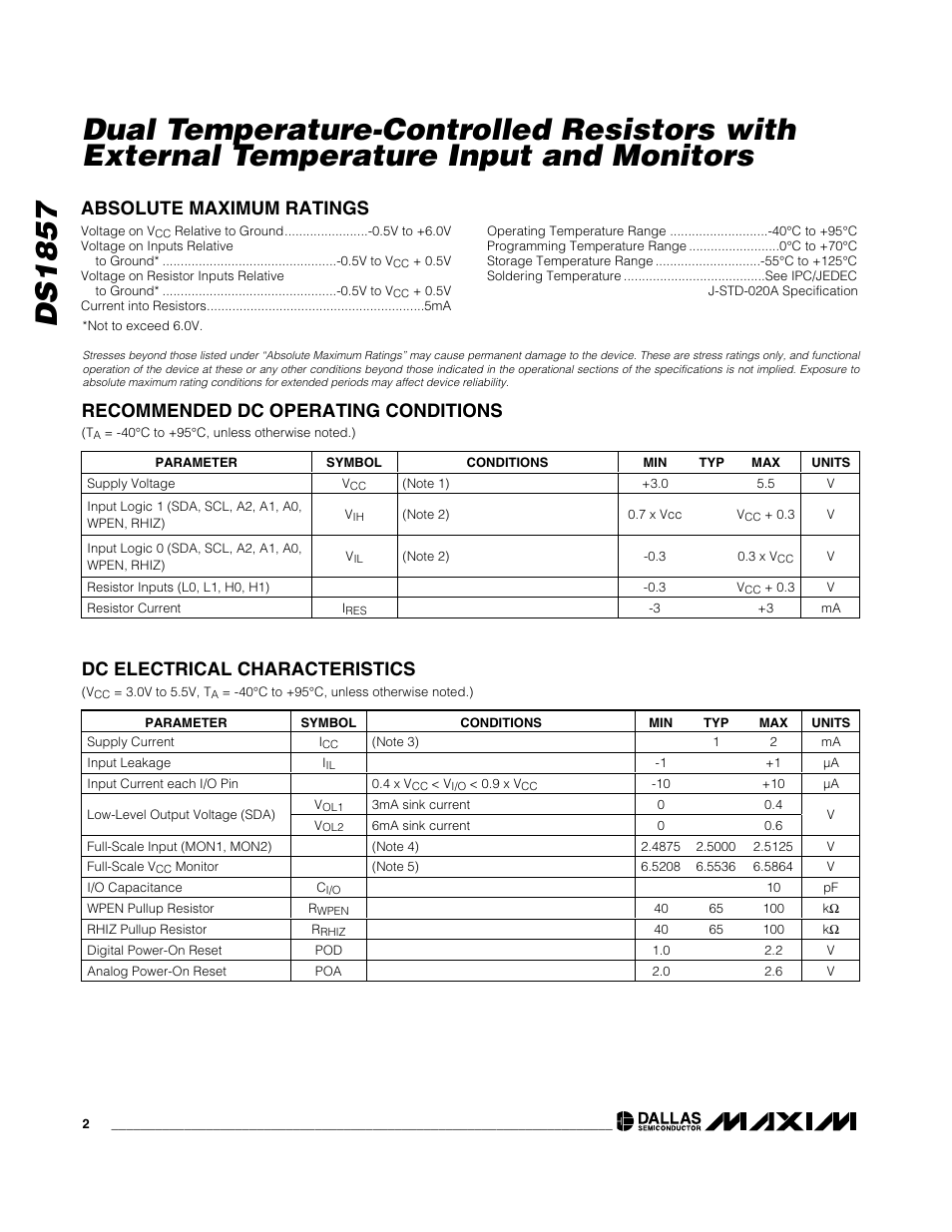 Absolute maximum ratings, Recommended dc operating conditions, Dc electrical characteristics | Rainbow Electronics DS1857 User Manual | Page 2 / 22