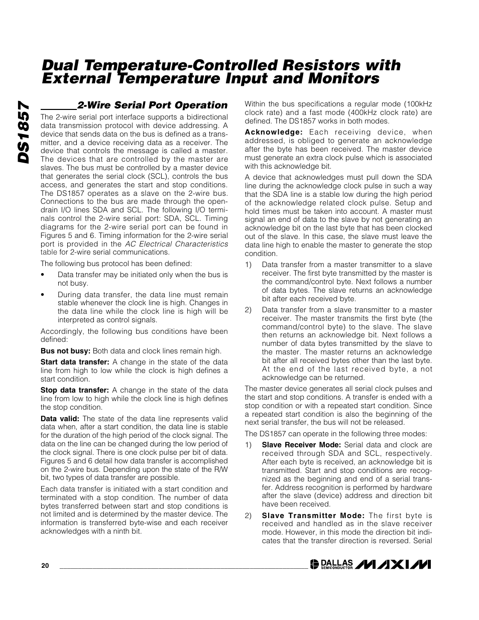 Wire serial port operation | Rainbow Electronics DS1857 User Manual | Page 20 / 22