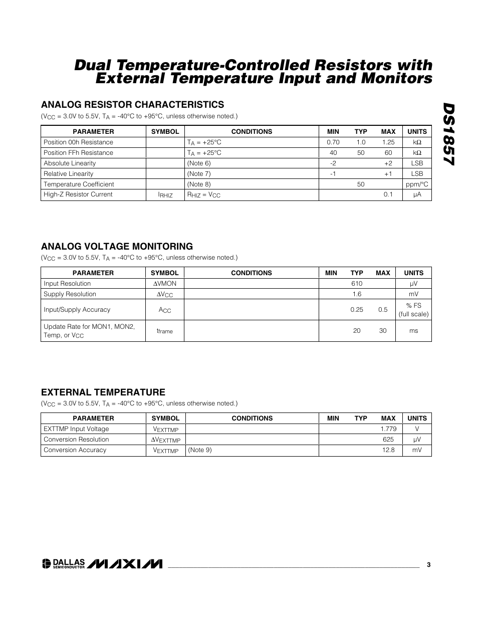 External temperature, Analog voltage monitoring, Analog resistor characteristics | Rainbow Electronics DS1857 User Manual | Page 3 / 22