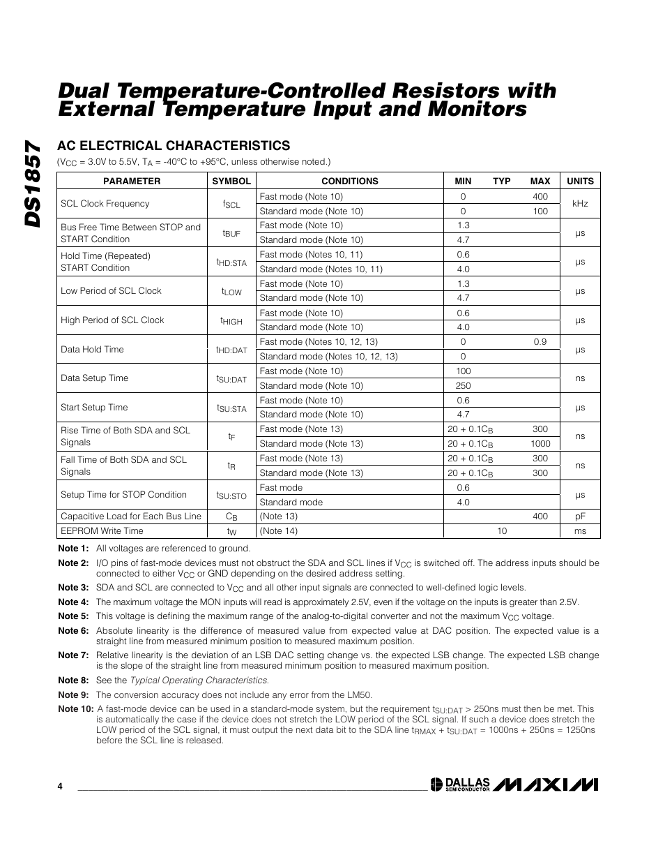 Ac electrical characteristics | Rainbow Electronics DS1857 User Manual | Page 4 / 22