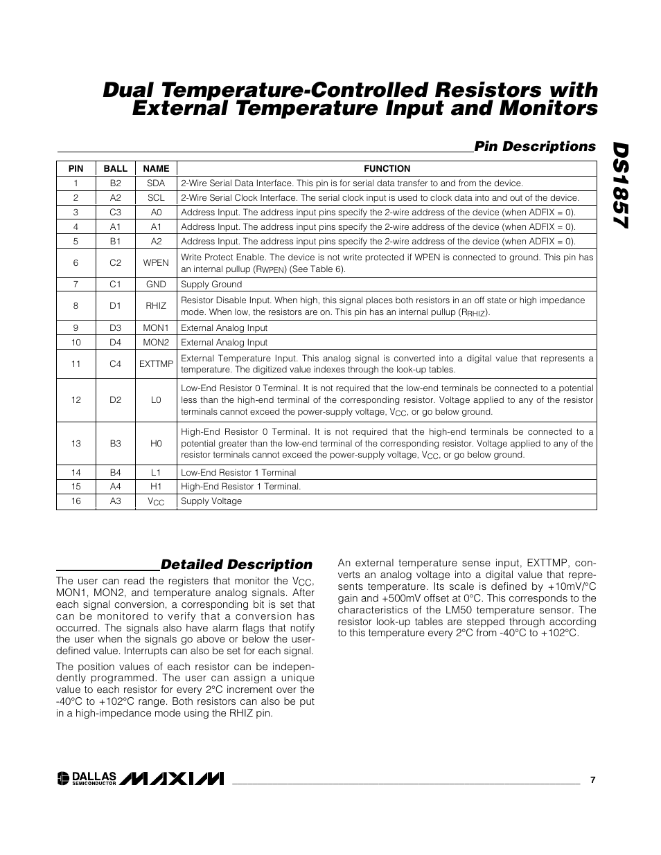 Detailed description, Pin descriptions | Rainbow Electronics DS1857 User Manual | Page 7 / 22