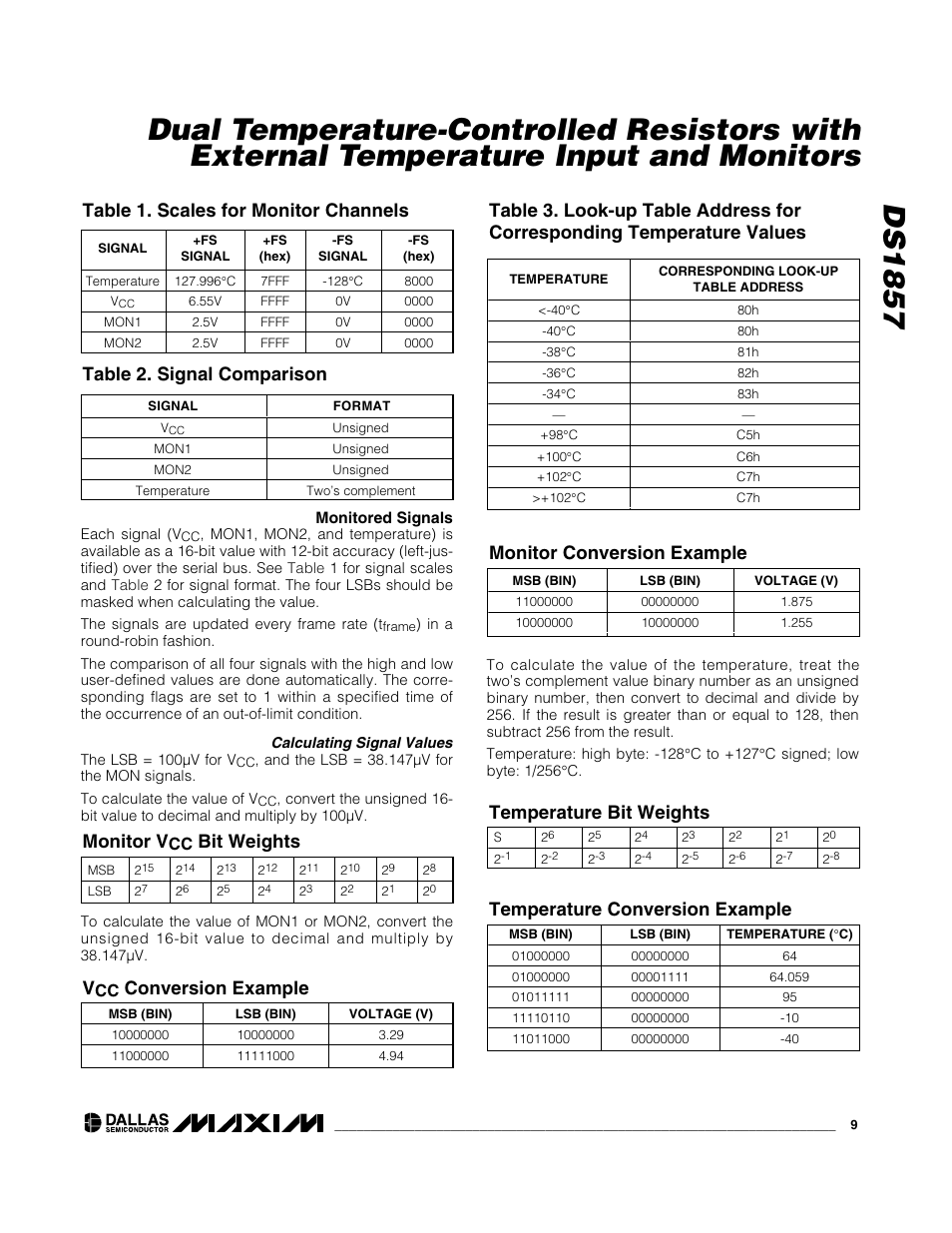 Table 1. scales for monitor channels, Table 2. signal comparison, Monitor v | Conversion example monitor conversion example | Rainbow Electronics DS1857 User Manual | Page 9 / 22