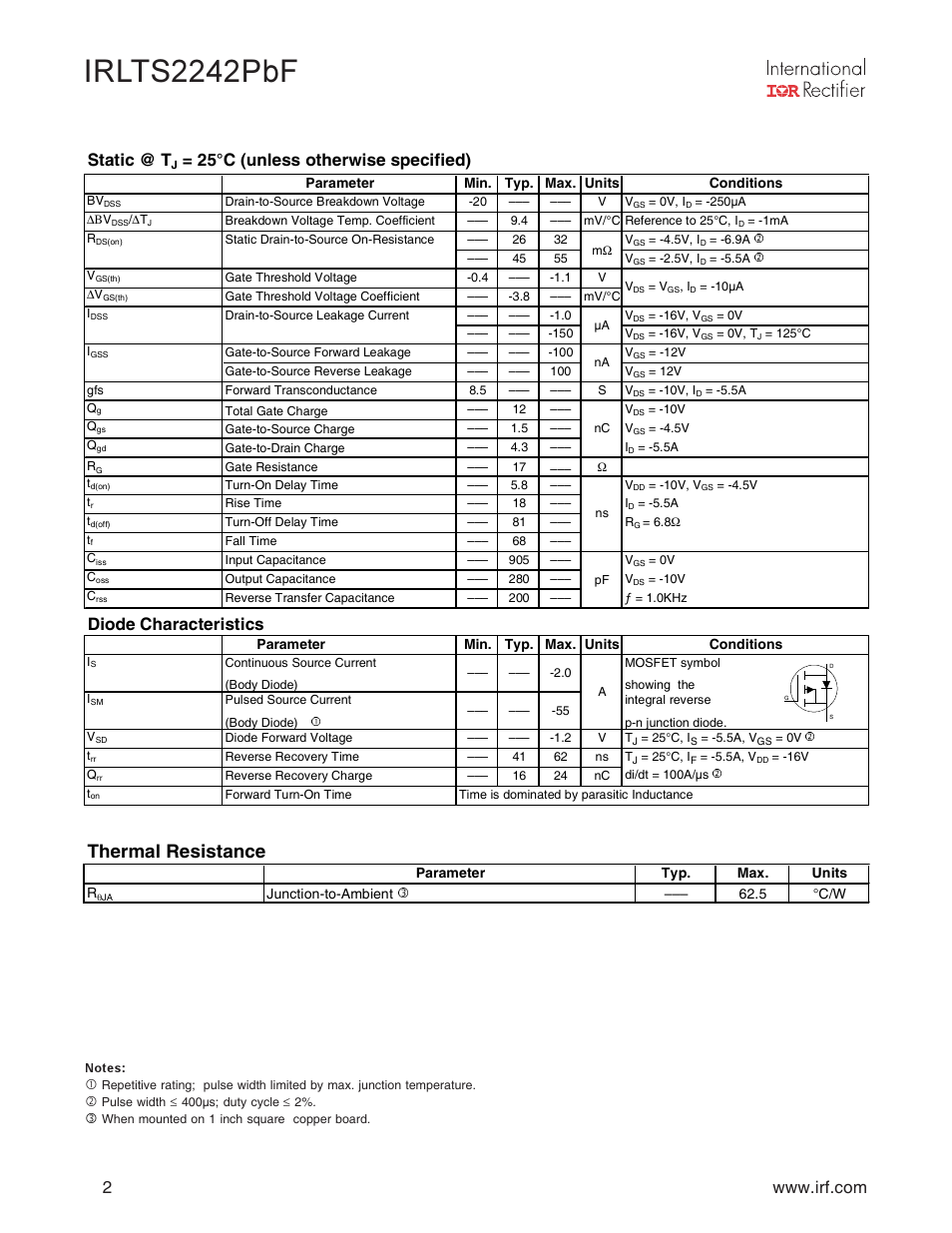 Irlts2242pbf, Thermal resistance, Static @ t | 25°c (unless otherwise specified), Diode characteristics | Rainbow Electronics IRLTS2242TRPBF User Manual | Page 2 / 8