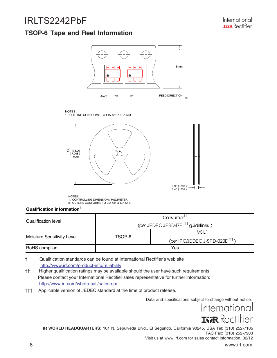 Irlts2242pbf, Tsop-6 tape and reel information | Rainbow Electronics IRLTS2242TRPBF User Manual | Page 8 / 8