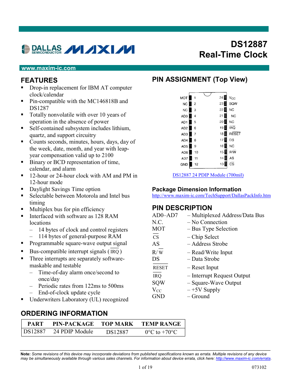 Rainbow Electronics DS12887 User Manual | 19 pages