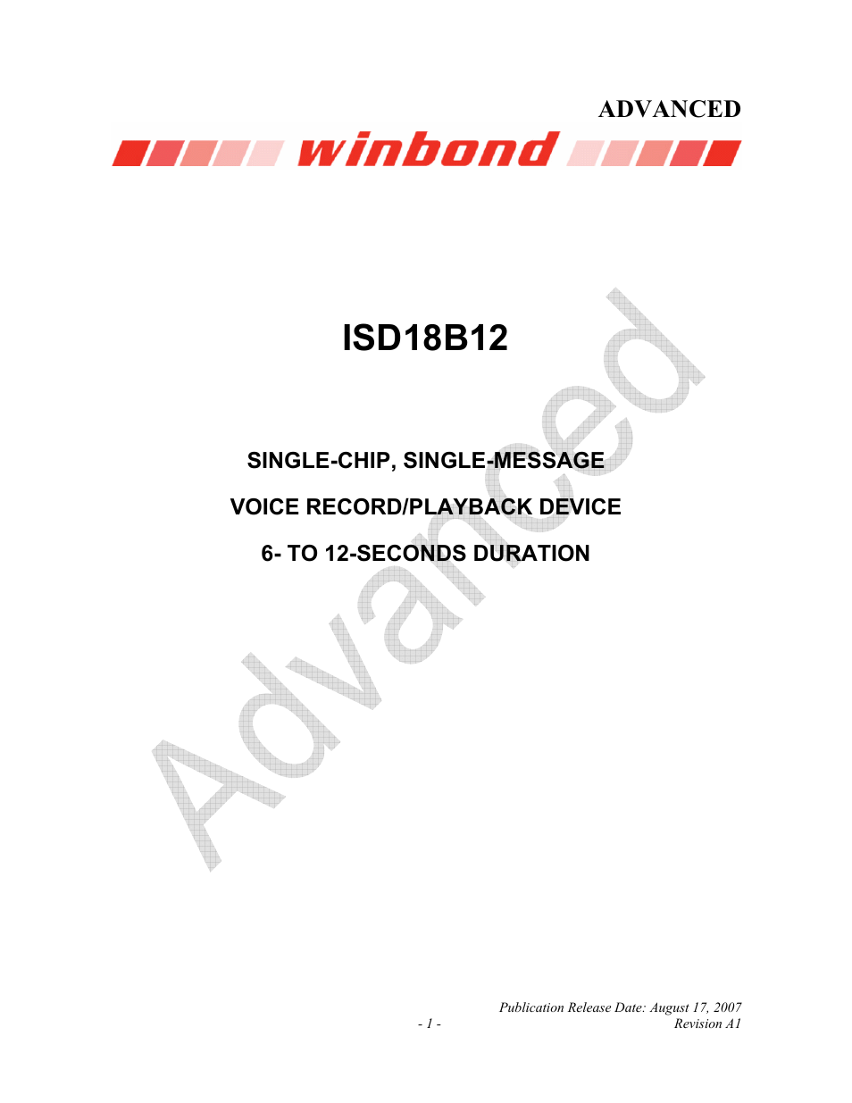 Rainbow Electronics ISD18B12 User Manual | 19 pages