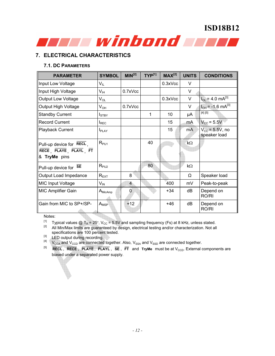 Isd18b12, Electrical characteristics | Rainbow Electronics ISD18B12 User Manual | Page 12 / 19