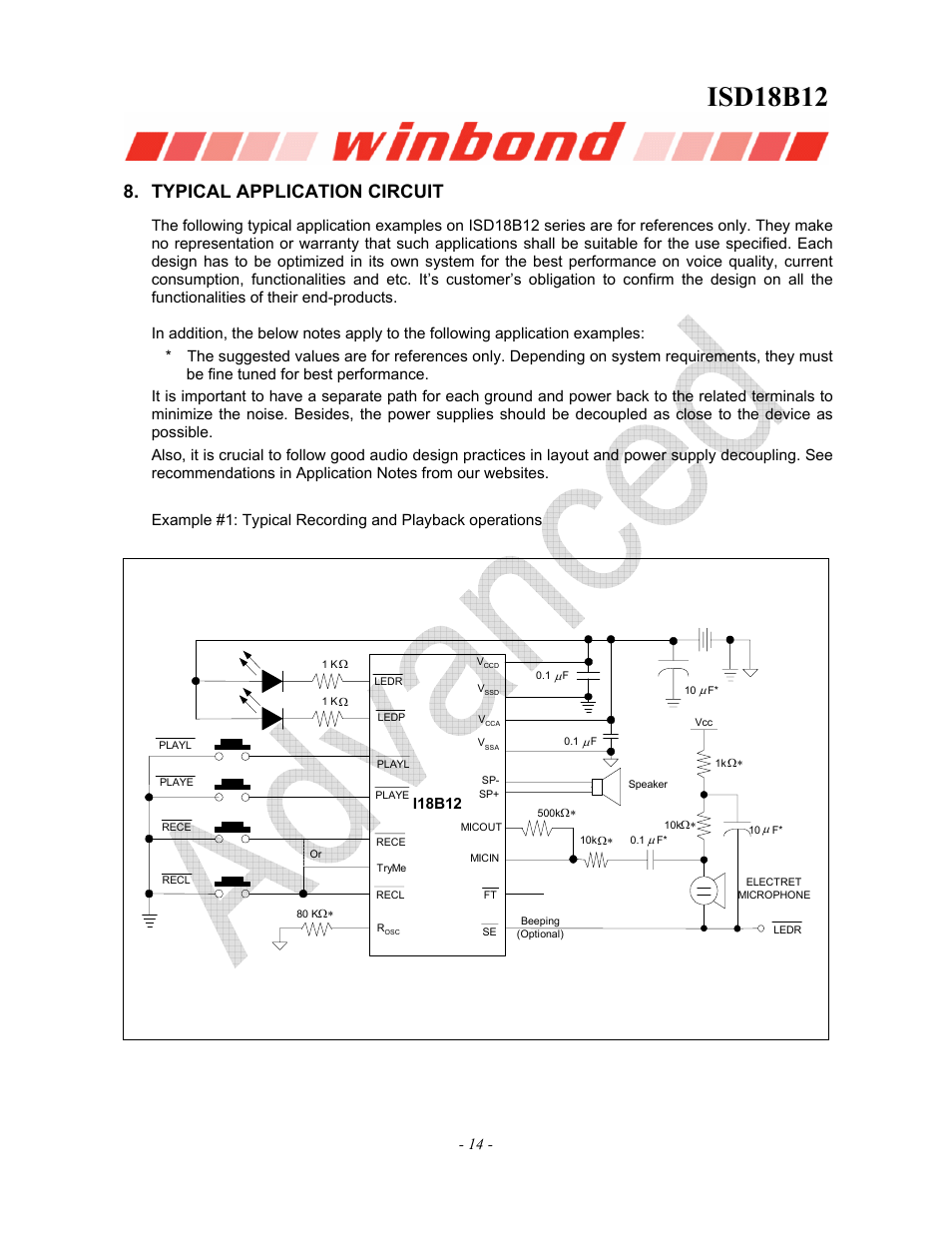Isd18b12, Typical application circuit, I18b12 | Rainbow Electronics ISD18B12 User Manual | Page 14 / 19