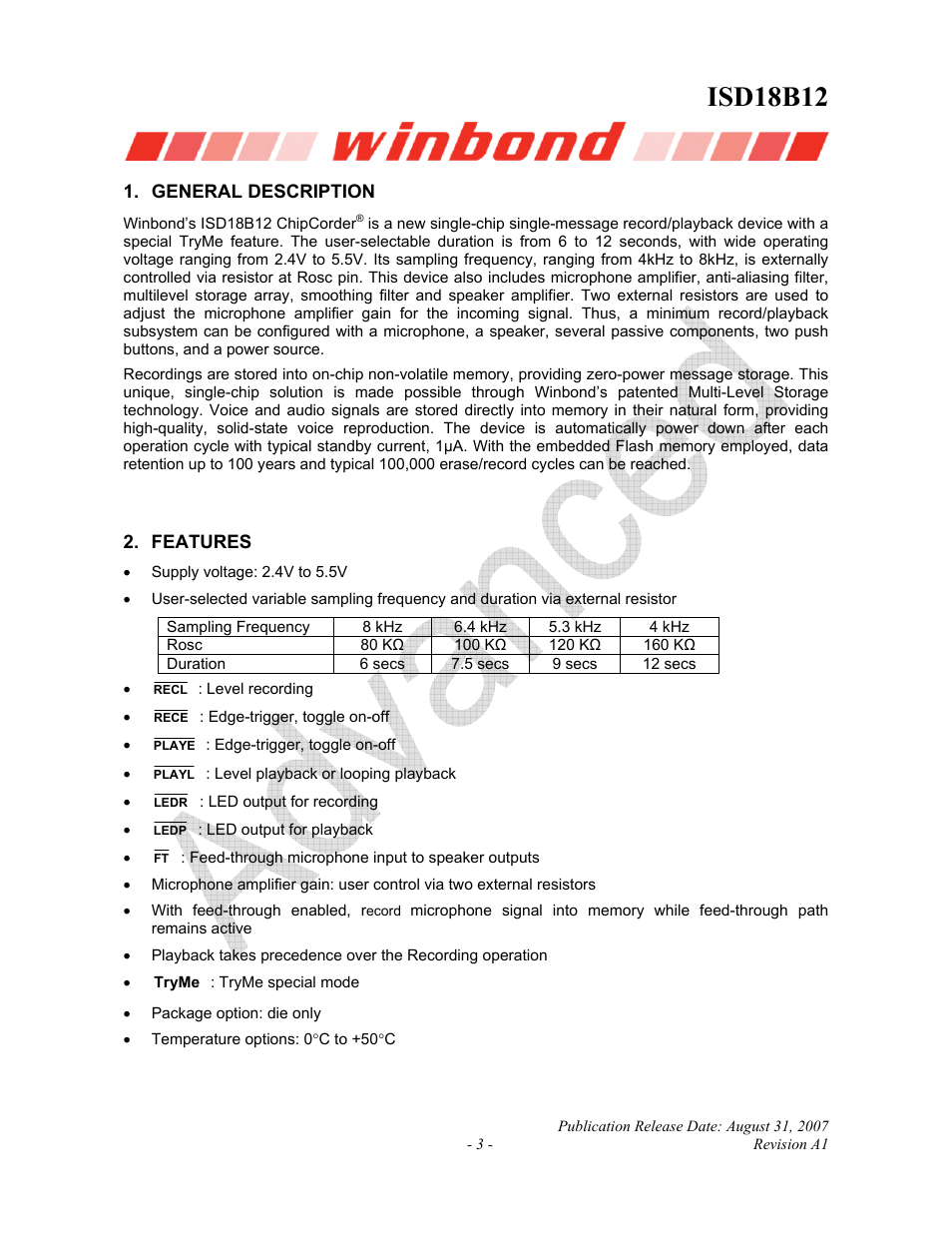 Isd18b12 | Rainbow Electronics ISD18B12 User Manual | Page 3 / 19