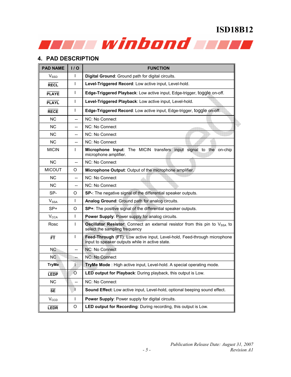 Isd18b12, Pad description | Rainbow Electronics ISD18B12 User Manual | Page 5 / 19