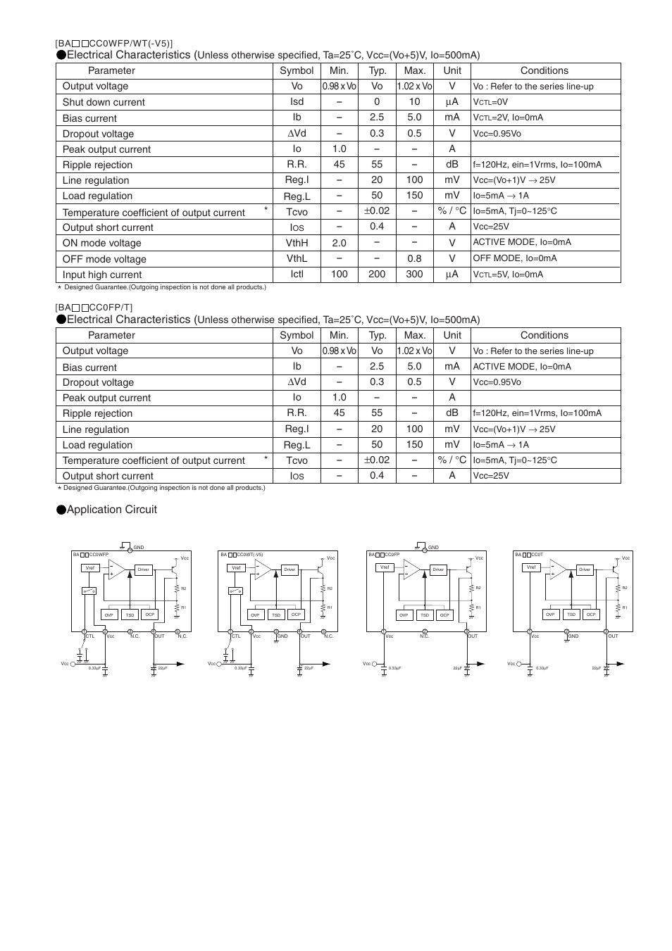 Application circuit electrical characteristics, Electrical characteristics, Vo isd ib ∆vd io r.r. reg.i reg.l tcvo i | Vo ib ∆vd io r.r. reg.i reg.l tcvo i | Rainbow Electronics BAххCC0WFP User Manual | Page 2 / 2
