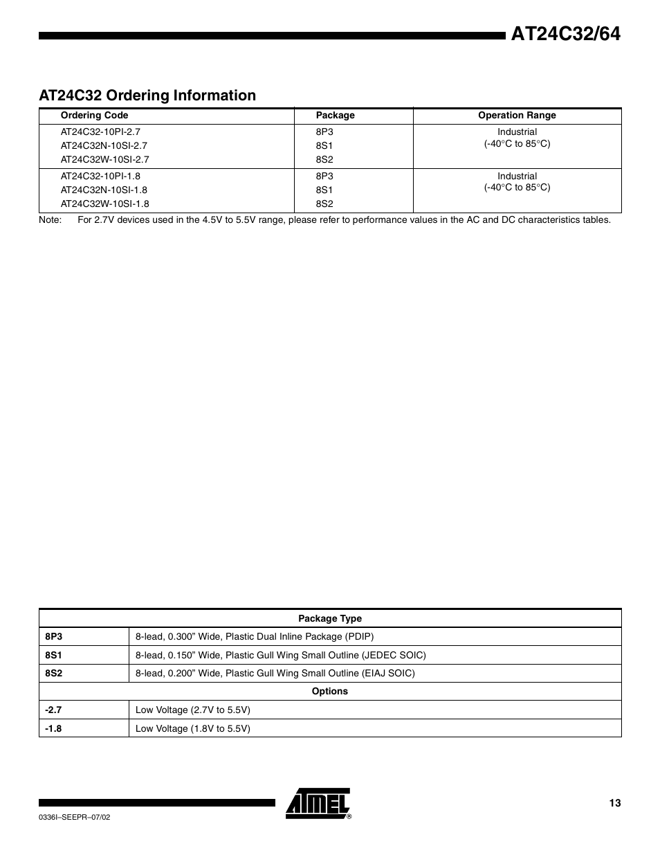 At24c32 ordering information | Rainbow Electronics AT24C64 User Manual | Page 13 / 19