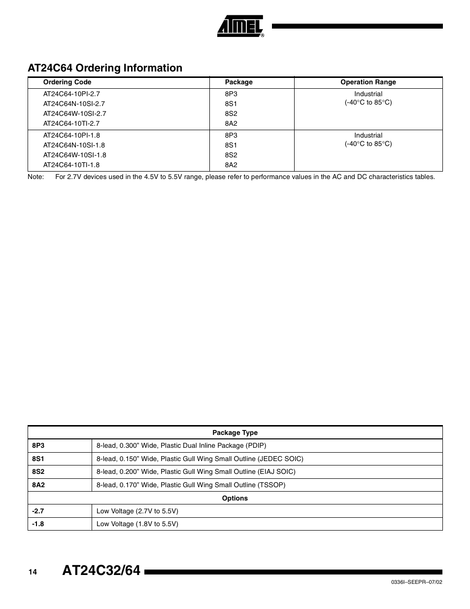 At24c64 ordering information | Rainbow Electronics AT24C64 User Manual | Page 14 / 19
