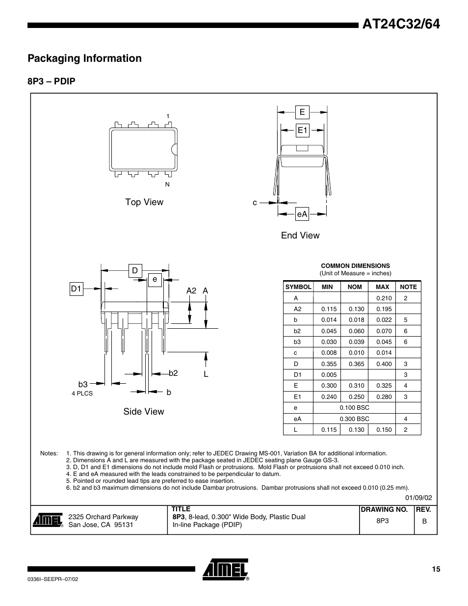 Packaging information, 8p3 – pdip, Top view side view end view | Rainbow Electronics AT24C64 User Manual | Page 15 / 19