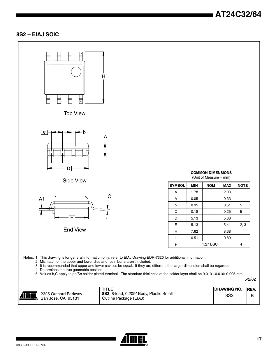 8s2 – eiaj soic, Top view side view end view | Rainbow Electronics AT24C64 User Manual | Page 17 / 19