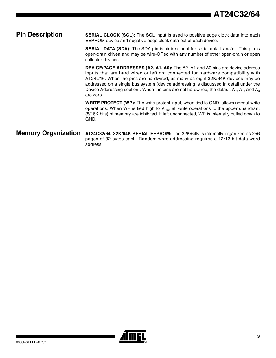 Pin description, Memory organization | Rainbow Electronics AT24C64 User Manual | Page 3 / 19