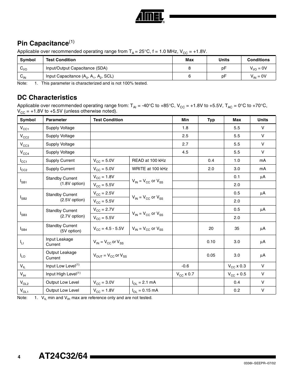 Pin capacitance(1), Dc characteristics, Pin capacitanc e | Rainbow Electronics AT24C64 User Manual | Page 4 / 19