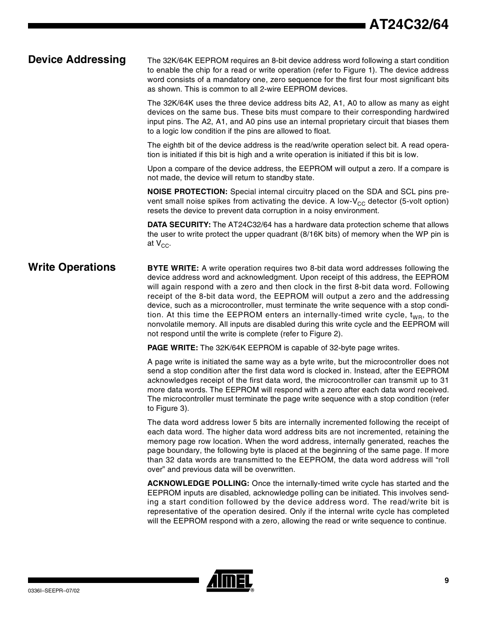 Device addressing, Write operations | Rainbow Electronics AT24C64 User Manual | Page 9 / 19