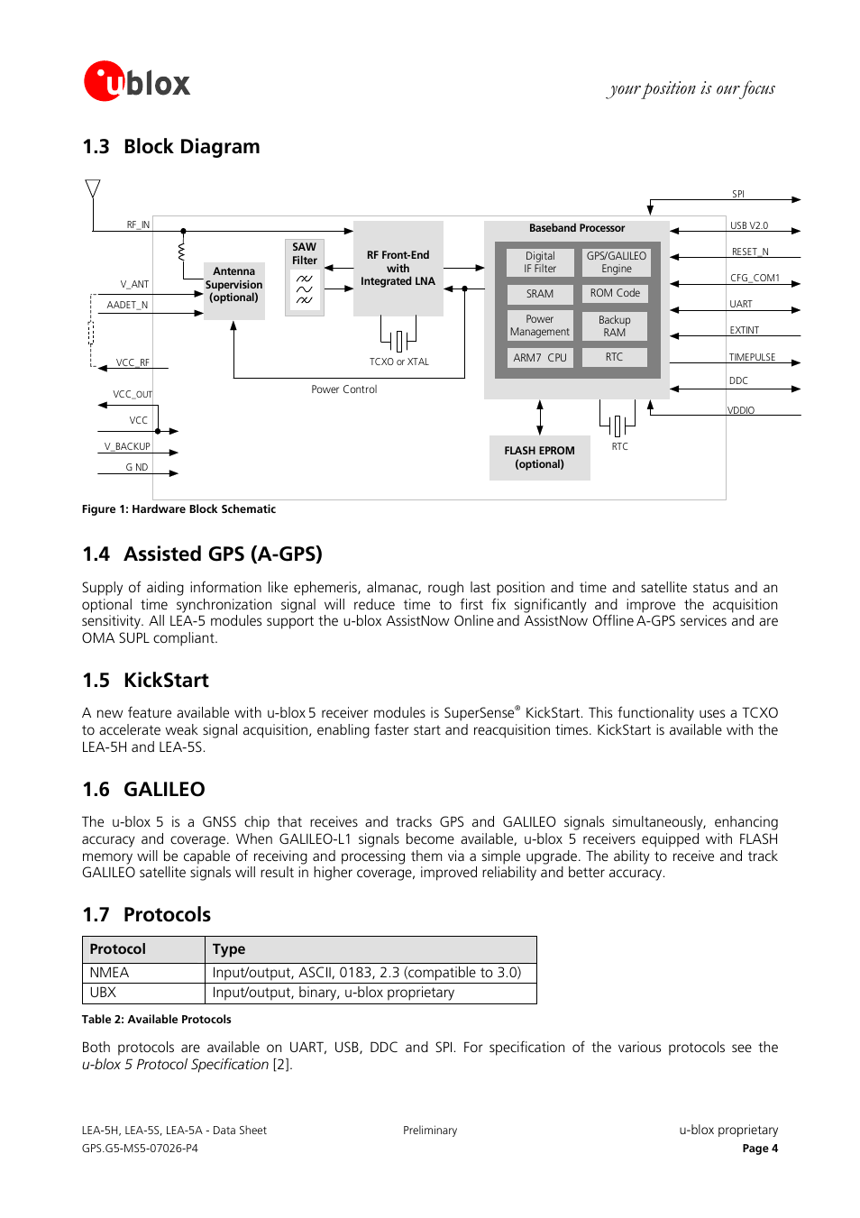 Your position is our focus 1.3 block diagram, 4 assisted gps (a-gps), 5 kickstart | 6 galileo, 7 protocols | Rainbow Electronics DAB-GPS-C01 User Manual | Page 4 / 15