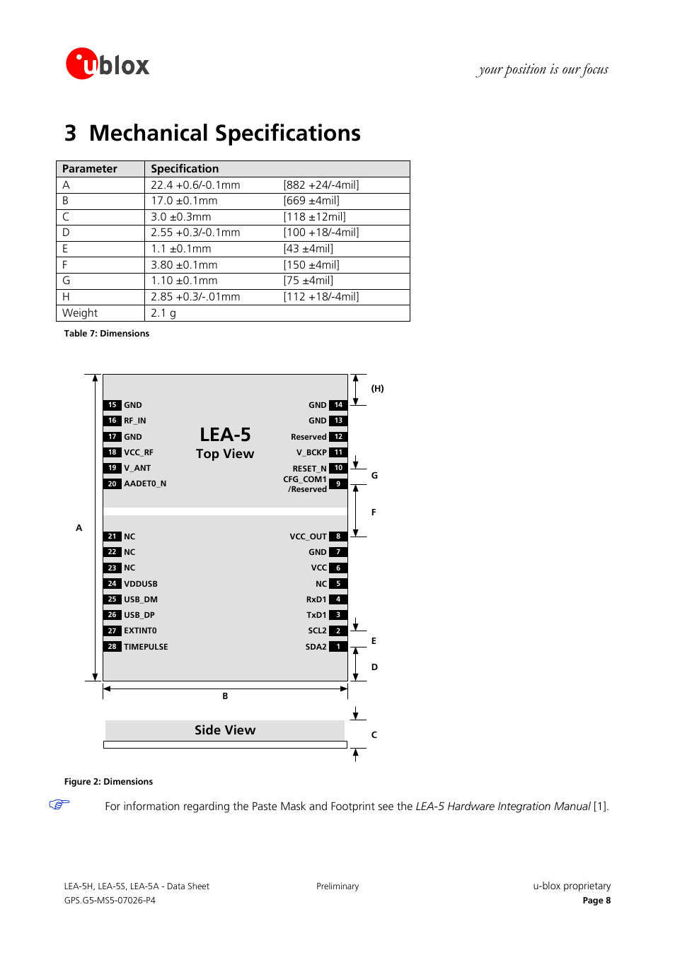 3 mechanical specifications, Lea-5, Your position is our focus | Side view, Top view | Rainbow Electronics DAB-GPS-C01 User Manual | Page 8 / 15