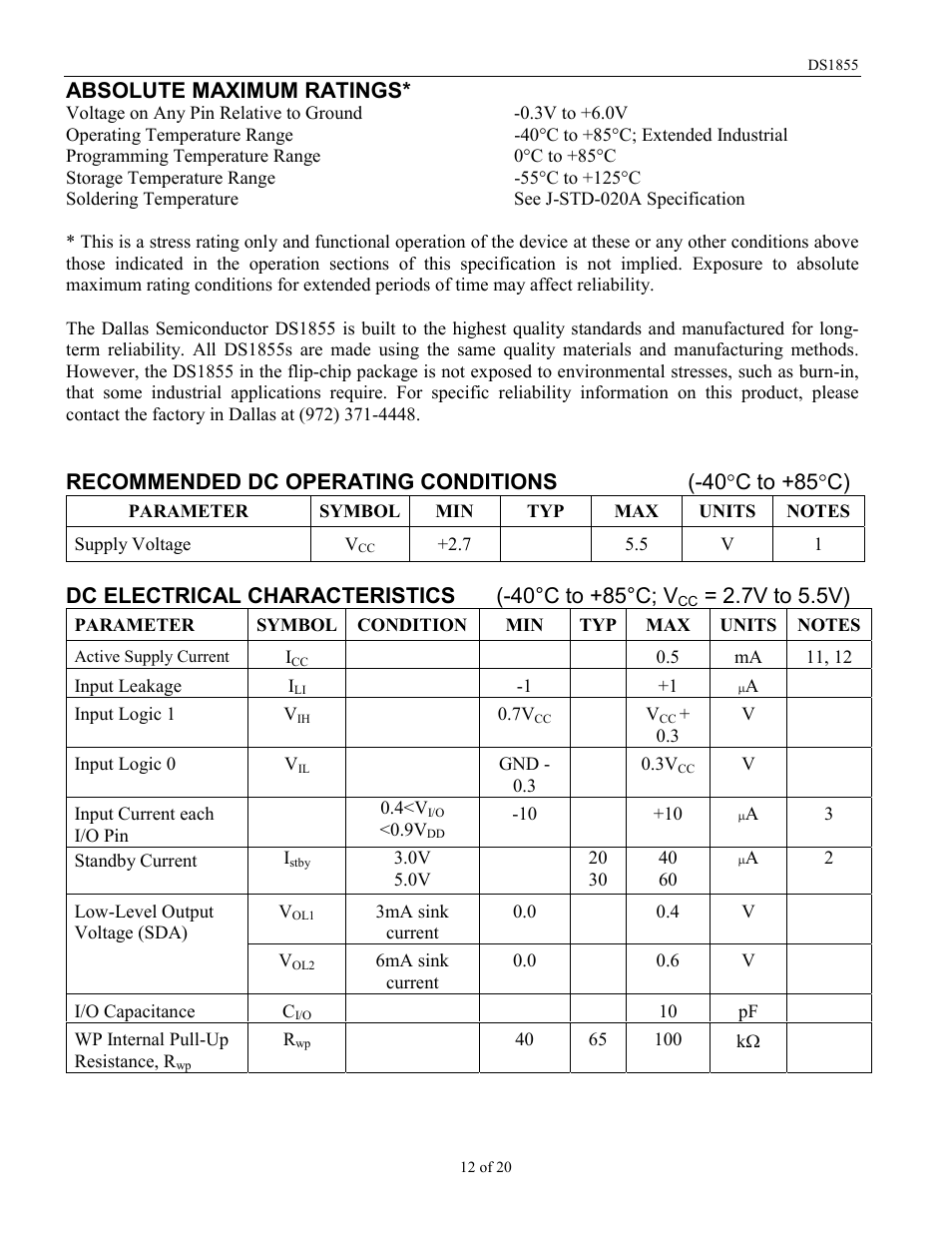 Absolute maximum ratings, Dc electrical characteristics (-40°c to +85°c; v, 7v to 5.5v) | Rainbow Electronics DS1855 User Manual | Page 12 / 20
