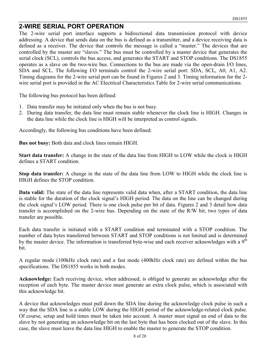 Wire serial port operation | Rainbow Electronics DS1855 User Manual | Page 8 / 20