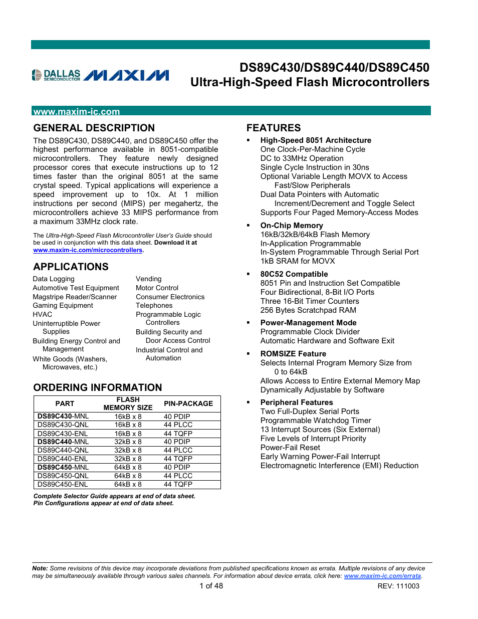 Rainbow Electronics DS89C450 User Manual | 48 pages