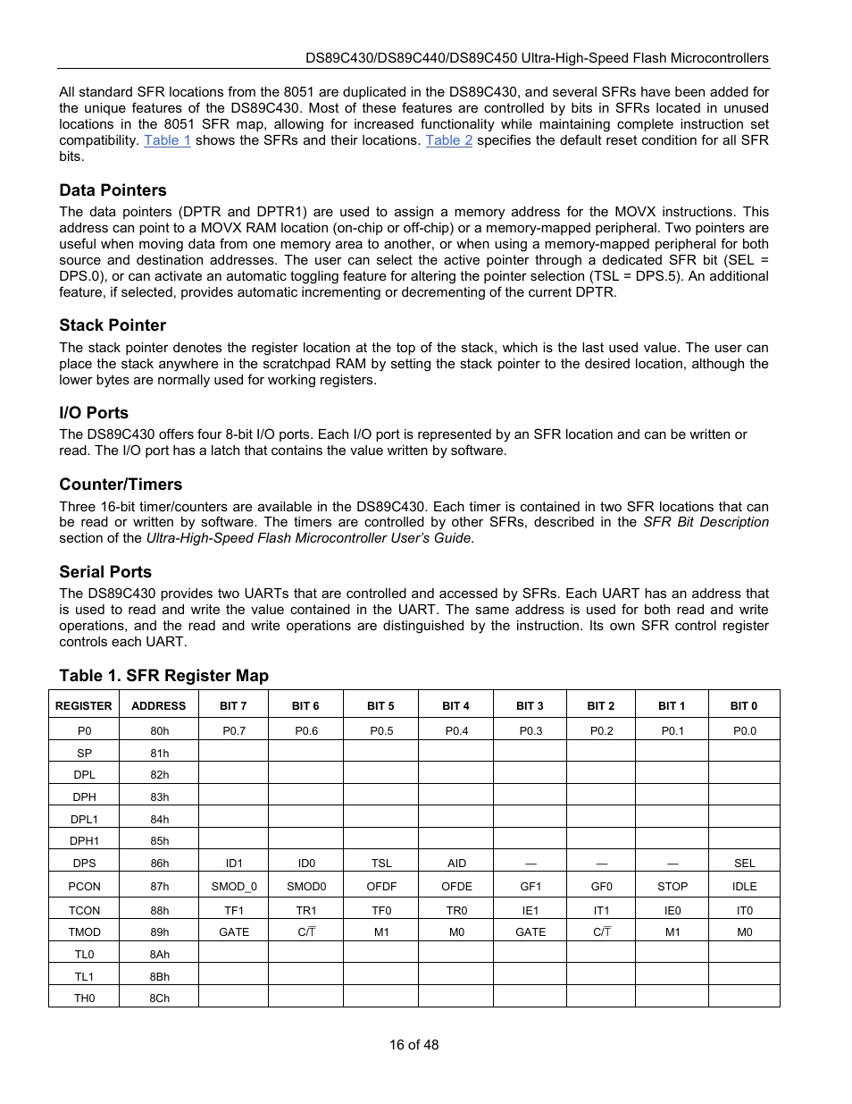 Data pointers, Stack pointer, I/o ports | Counter/timers, Serial ports, Table 1. sfr register map | Rainbow Electronics DS89C450 User Manual | Page 16 / 48