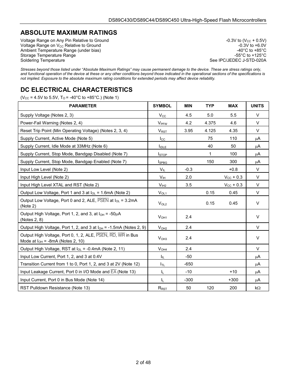 Absolute maximum ratings, Dc electrical characteristics | Rainbow Electronics DS89C450 User Manual | Page 2 / 48