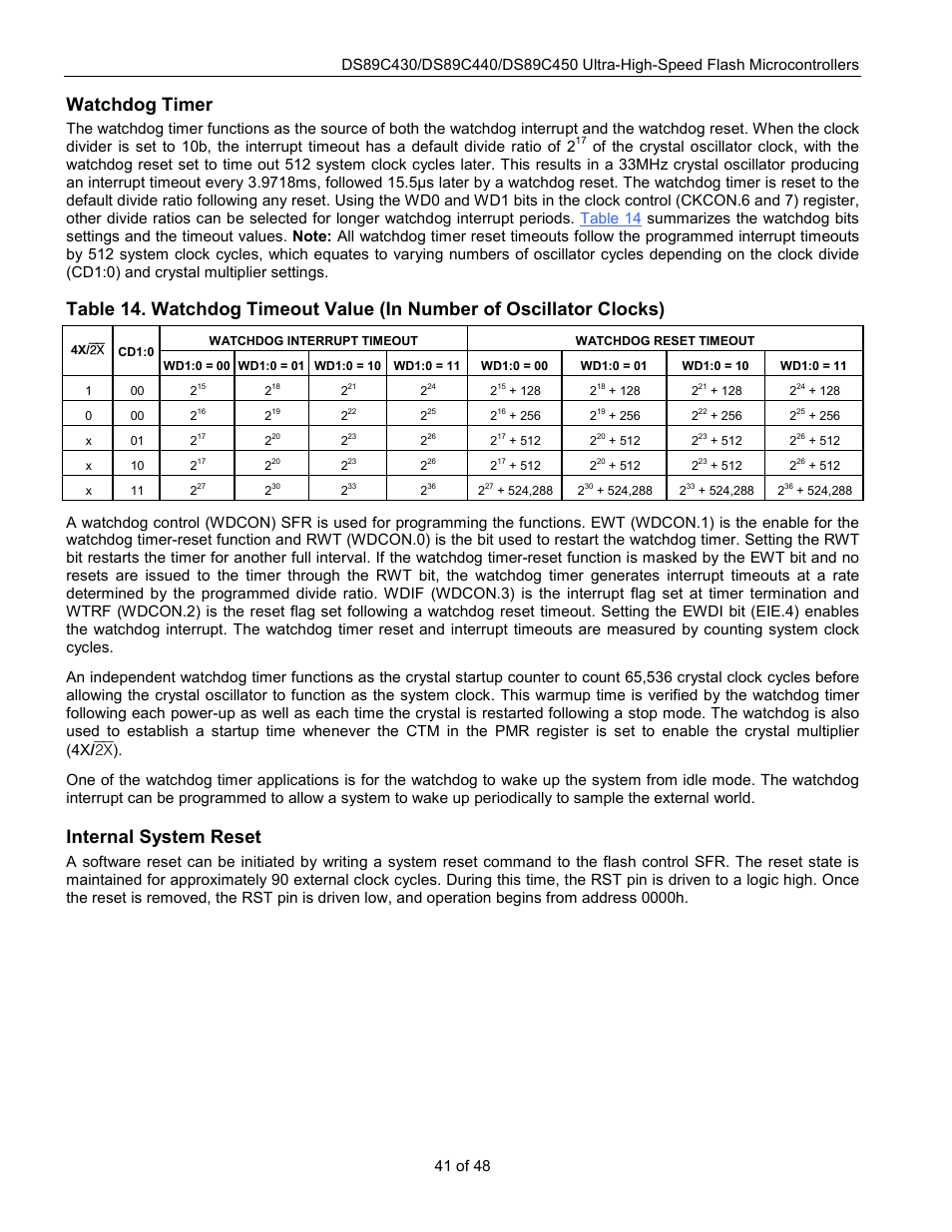 Watchdog timer, Internal system reset | Rainbow Electronics DS89C450 User Manual | Page 41 / 48