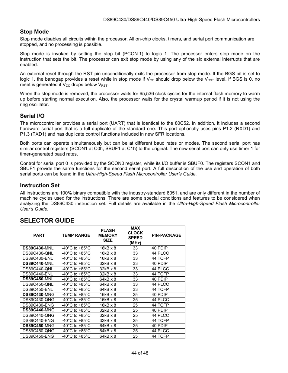 Selector guide, Stop mode, Serial i/o | Instruction set | Rainbow Electronics DS89C450 User Manual | Page 44 / 48