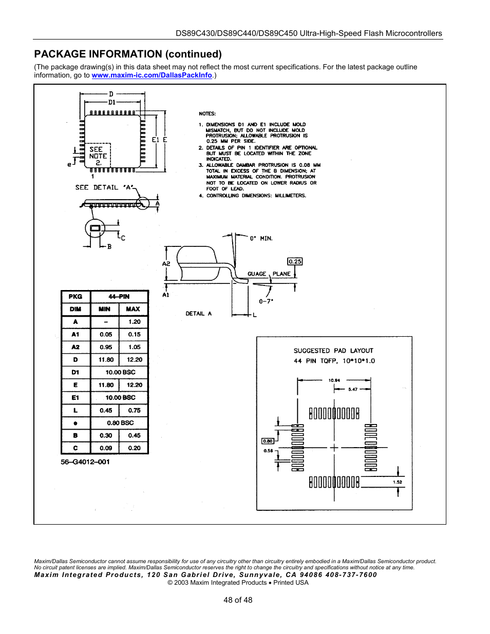 Package information (continued) | Rainbow Electronics DS89C450 User Manual | Page 48 / 48