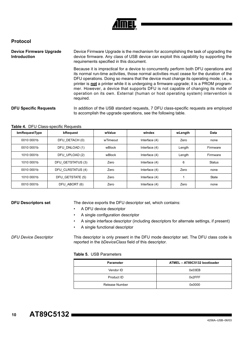 Protocol, Device firmware upgrade introduction, Dfu specific requests | Dfu descriptors set, Dfu device descriptor | Rainbow Electronics AT89C5132 User Manual | Page 10 / 31