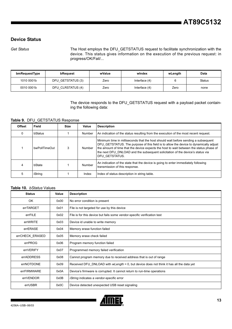 Device status, Get status | Rainbow Electronics AT89C5132 User Manual | Page 13 / 31