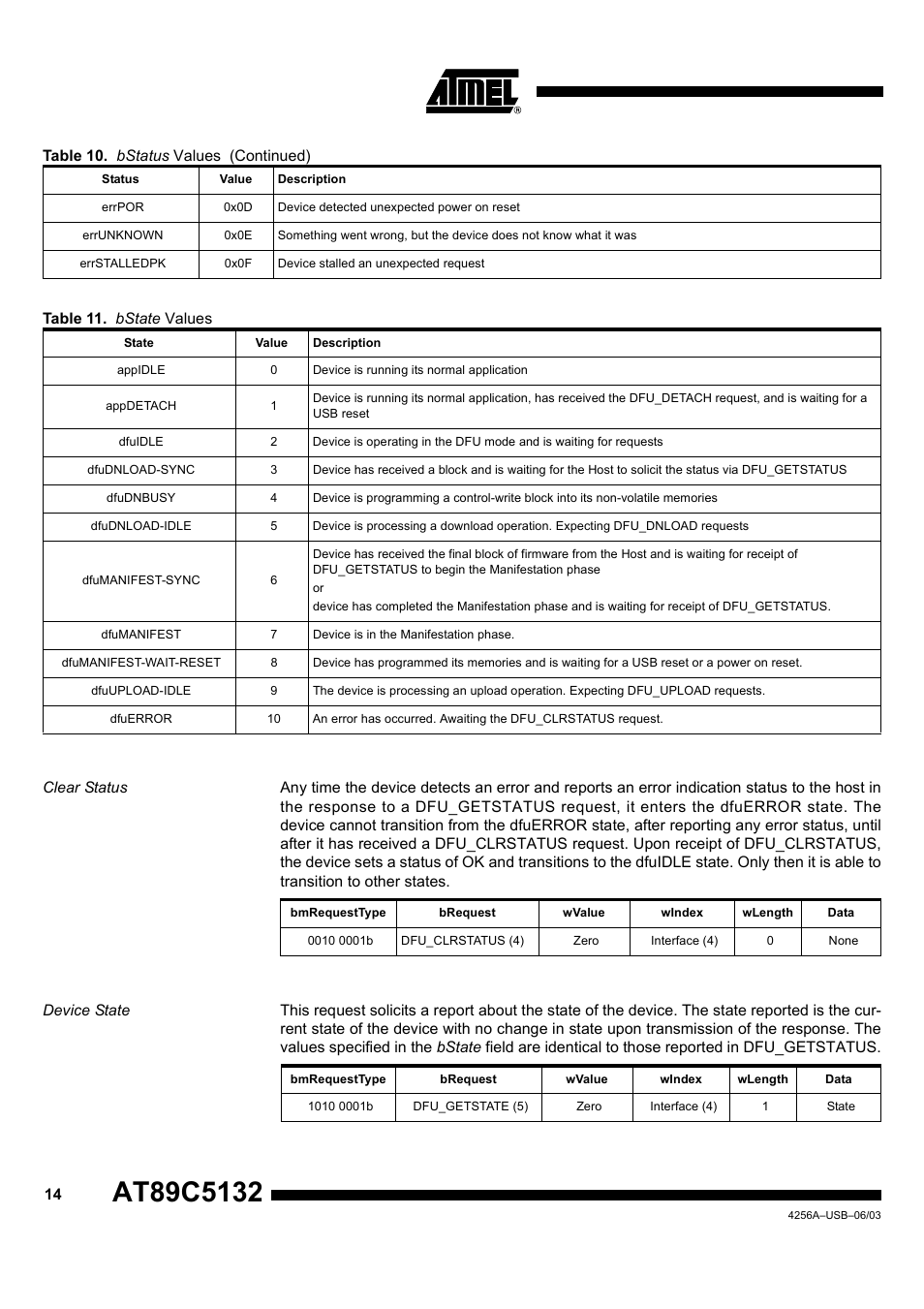 Clear status, Device state | Rainbow Electronics AT89C5132 User Manual | Page 14 / 31