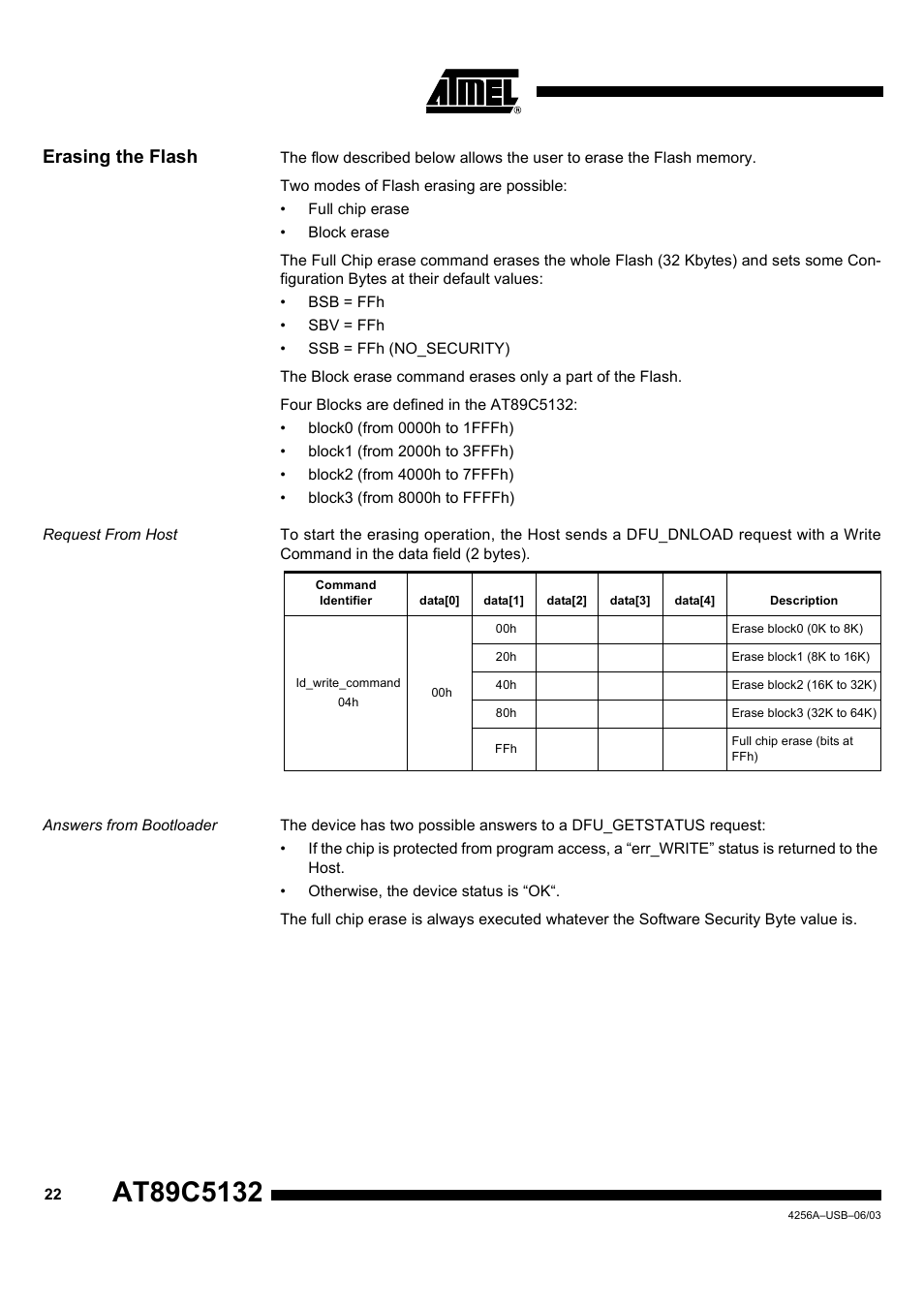 Erasing the flash, Request from host, Answers from bootloader | Rainbow Electronics AT89C5132 User Manual | Page 22 / 31