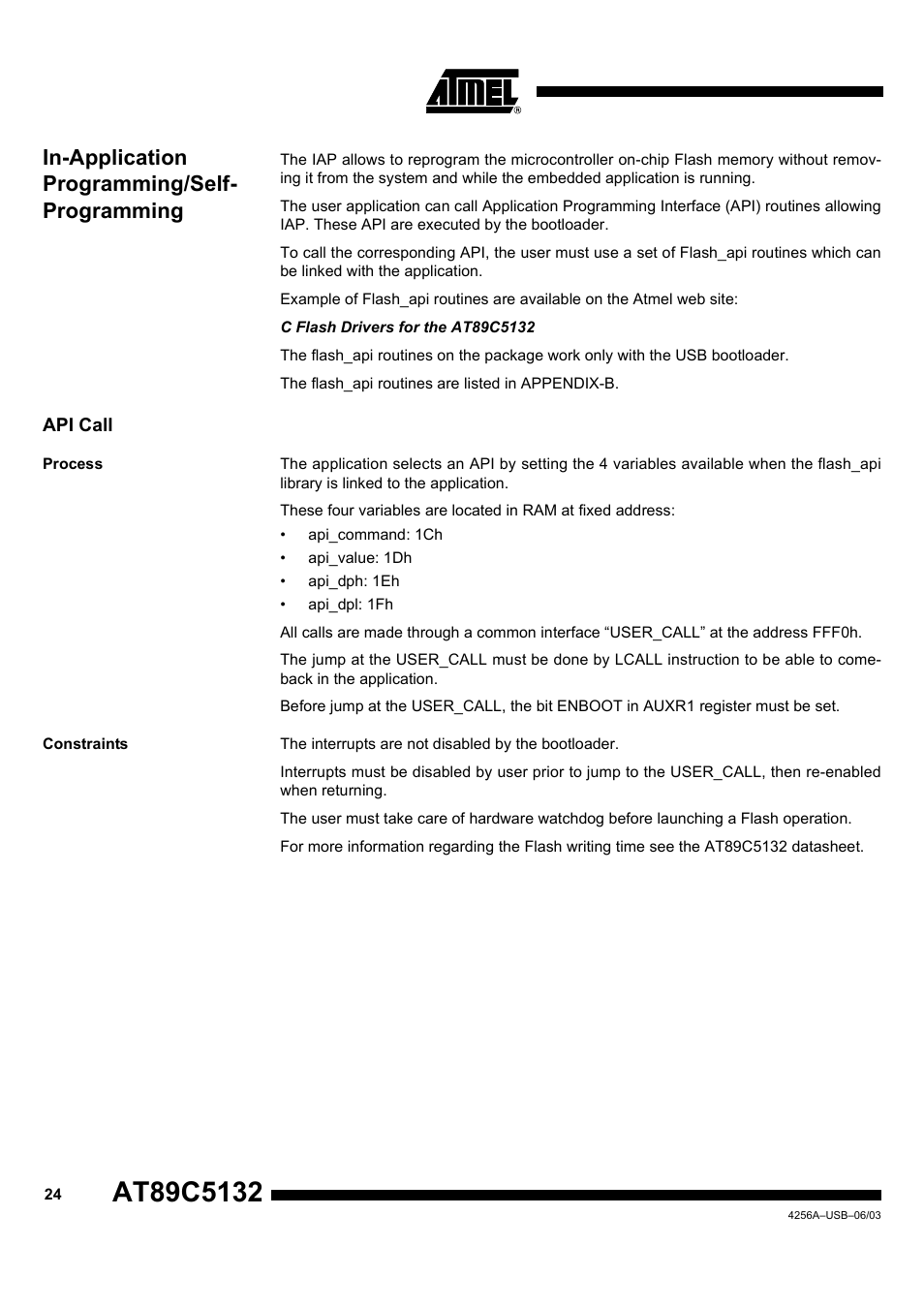In-application programming/self- programming, Api call, Process | Constraints | Rainbow Electronics AT89C5132 User Manual | Page 24 / 31