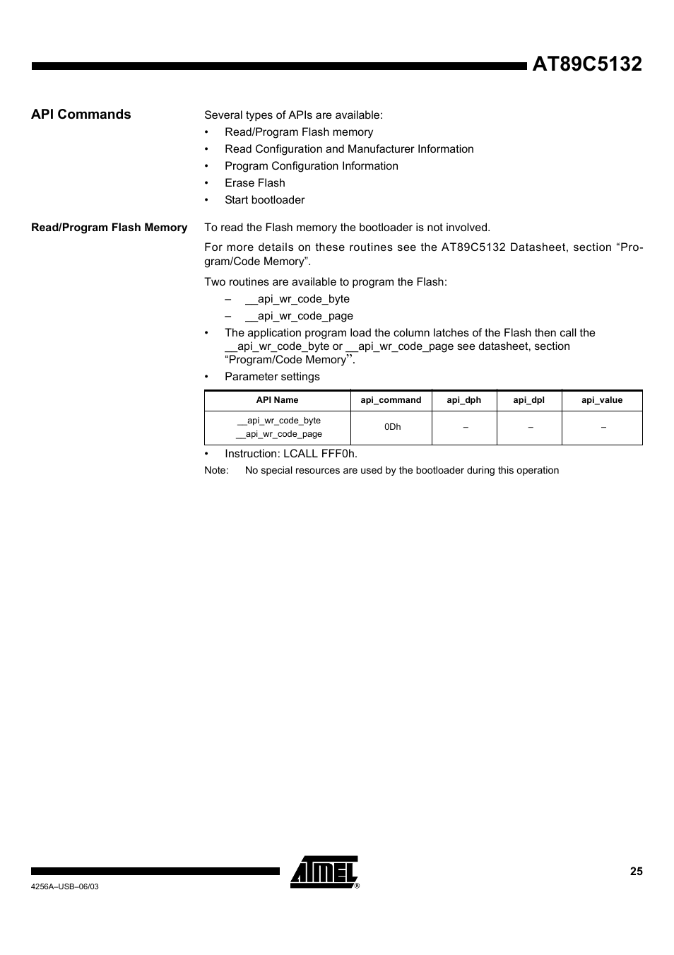 Api commands, Read/program flash memory | Rainbow Electronics AT89C5132 User Manual | Page 25 / 31