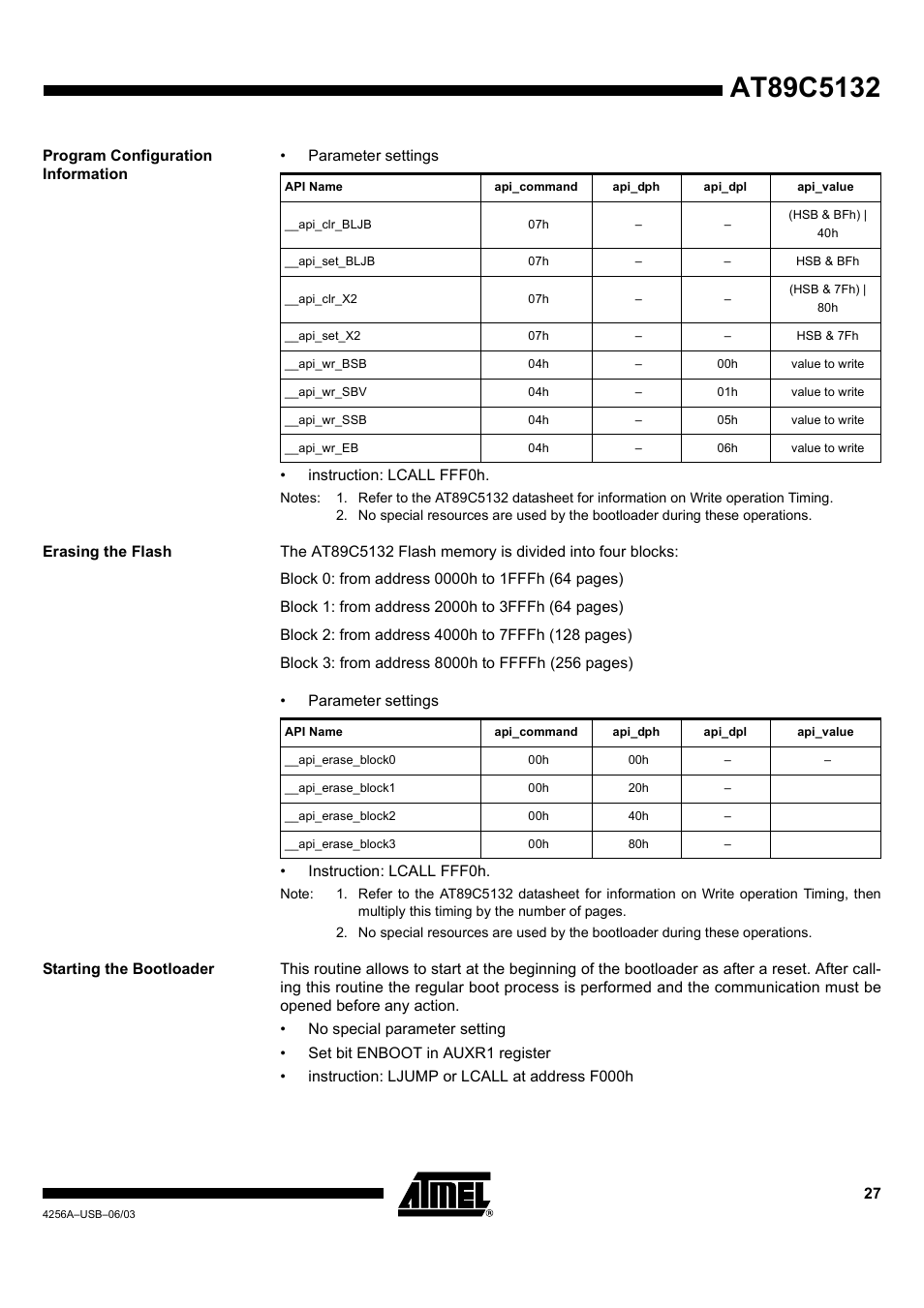 Program configuration information, Erasing the flash, Starting the bootloader | Rainbow Electronics AT89C5132 User Manual | Page 27 / 31