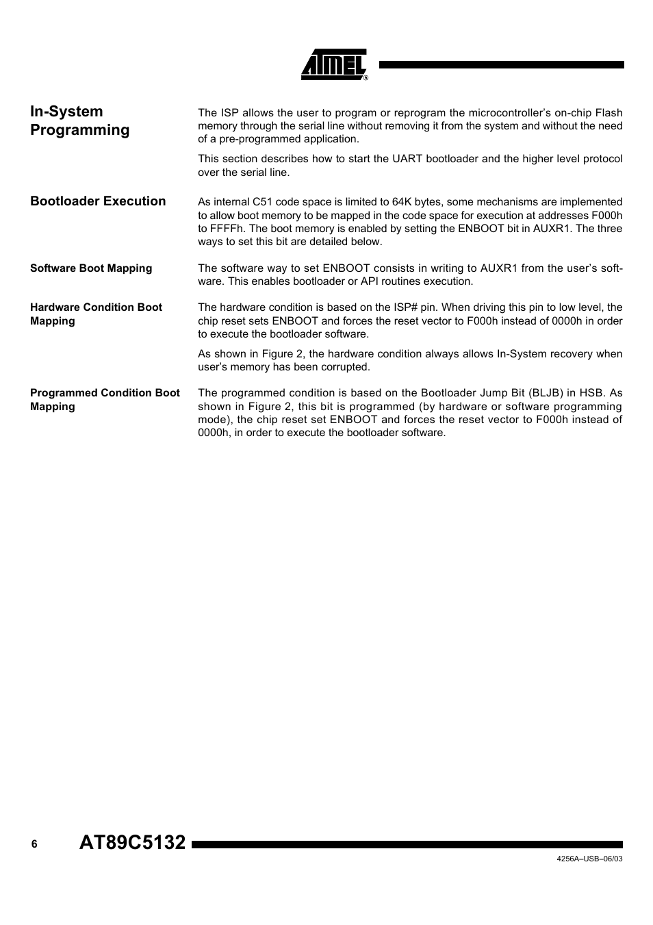 In-system programming, Bootloader execution, Software boot mapping | Hardware condition boot mapping, Programmed condition boot mapping | Rainbow Electronics AT89C5132 User Manual | Page 6 / 31