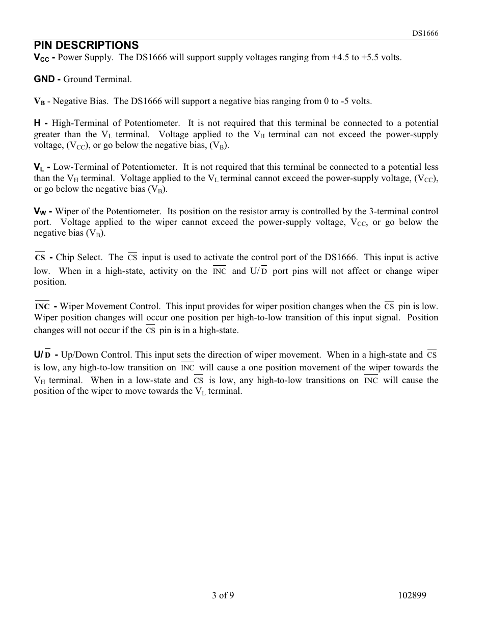 Pin descriptions | Rainbow Electronics DS1666S User Manual | Page 3 / 9