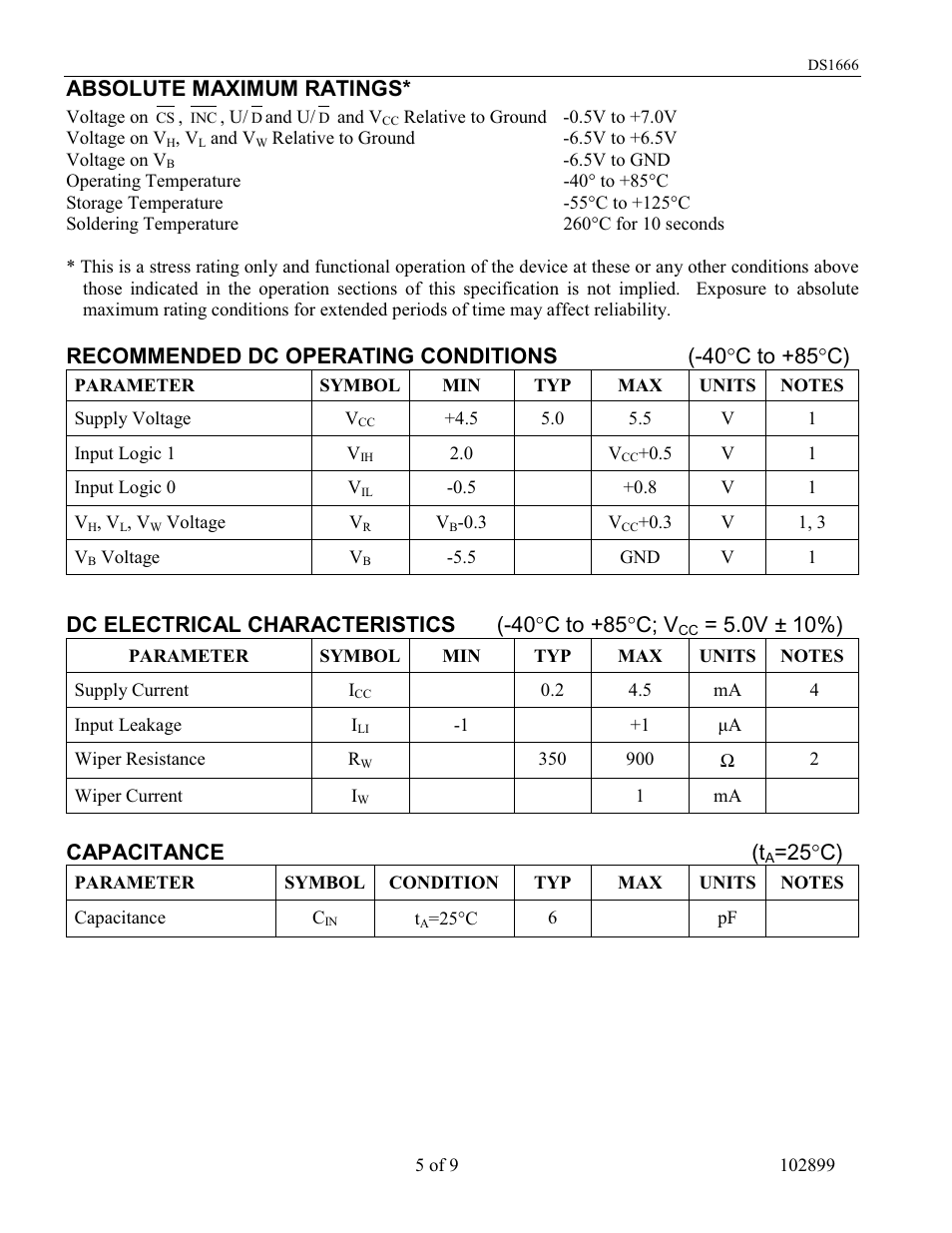 Absolute maximum ratings, Dc electrical characteristics (-40 °c to +85°c; v, 0v ± 10%) | Capacitance (t, 25 °c) | Rainbow Electronics DS1666S User Manual | Page 5 / 9