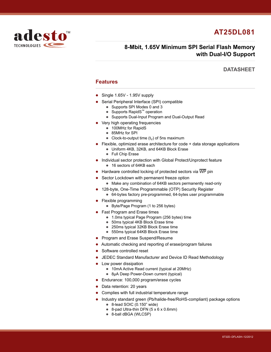 Rainbow Electronics AT25DL081 User Manual | 58 pages