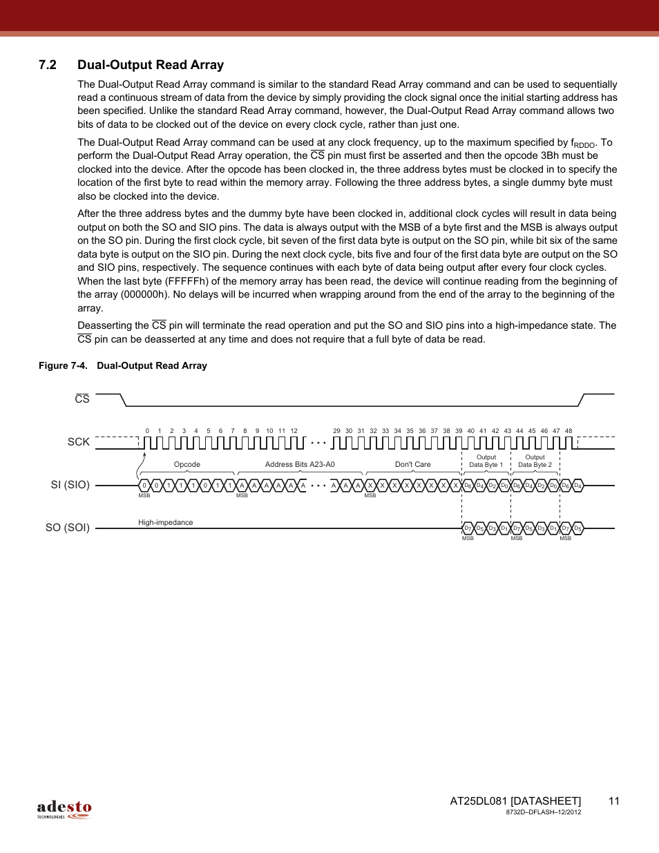 2 dual-output read array, Sck cs si (sio) so (soi) | Rainbow Electronics AT25DL081 User Manual | Page 11 / 58